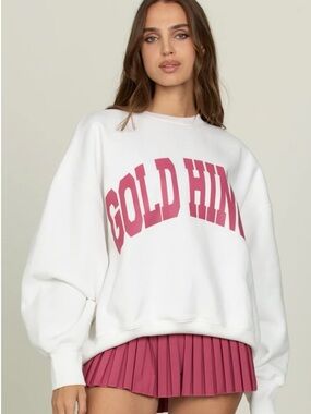 Gold Hinge White Sweatshirt with Pink Logo
